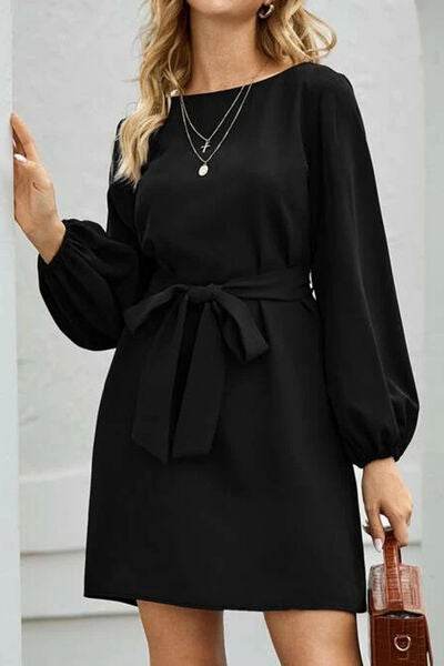 Tied Boat Neck Balloon Sleeve Mini Dress - MARIGOLD