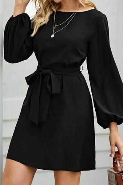 Tied Boat Neck Balloon Sleeve Mini Dress - MARIGOLD