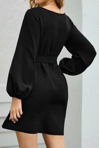 Tied Boat Neck Balloon Sleeve Mini Dress - MARIGOLD