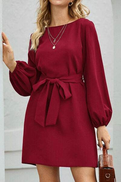 Tied Boat Neck Balloon Sleeve Mini Dress - MARIGOLD