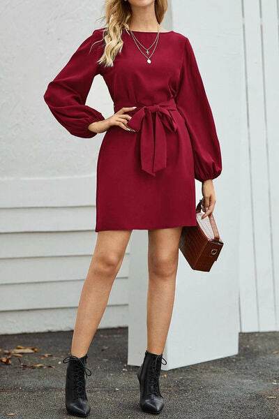 Tied Boat Neck Balloon Sleeve Mini Dress - MARIGOLD