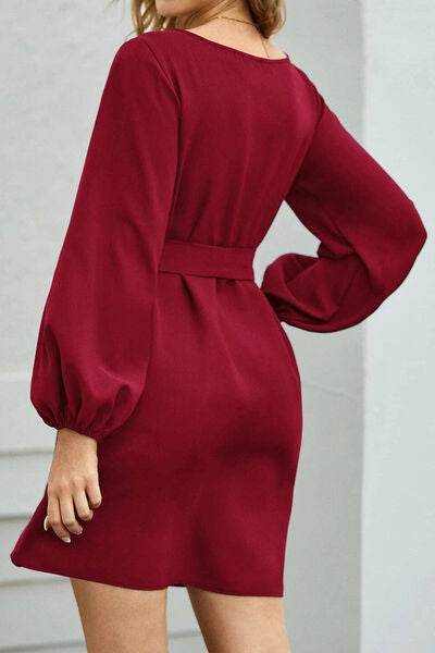 Tied Boat Neck Balloon Sleeve Mini Dress - MARIGOLD