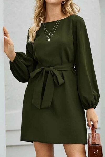Tied Boat Neck Balloon Sleeve Mini Dress - MARIGOLD
