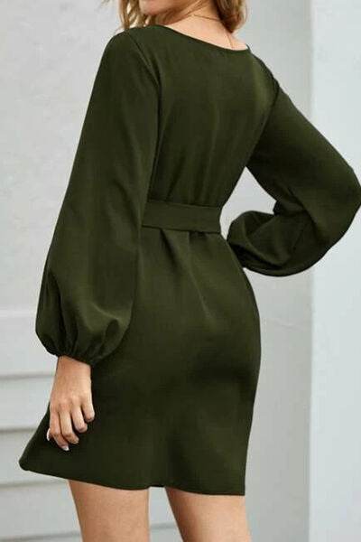 Tied Boat Neck Balloon Sleeve Mini Dress - MARIGOLD
