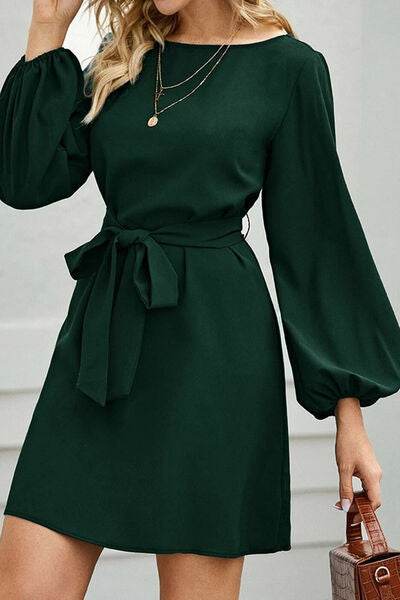 Tied Boat Neck Balloon Sleeve Mini Dress - MARIGOLD