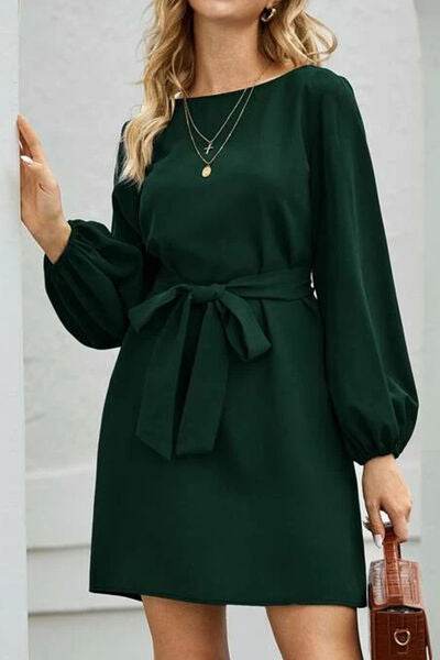 Tied Boat Neck Balloon Sleeve Mini Dress - MARIGOLD
