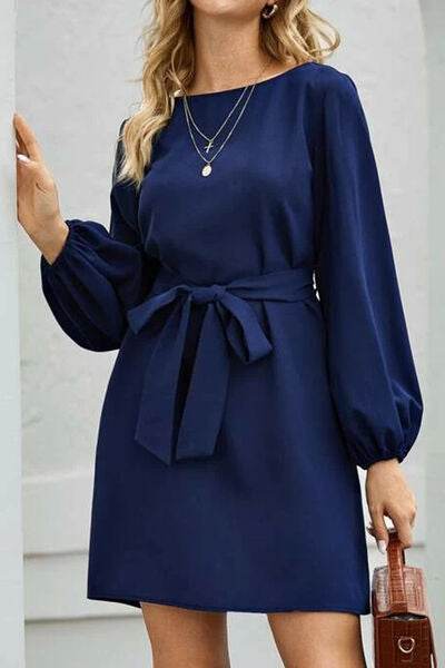 Tied Boat Neck Balloon Sleeve Mini Dress - MARIGOLD