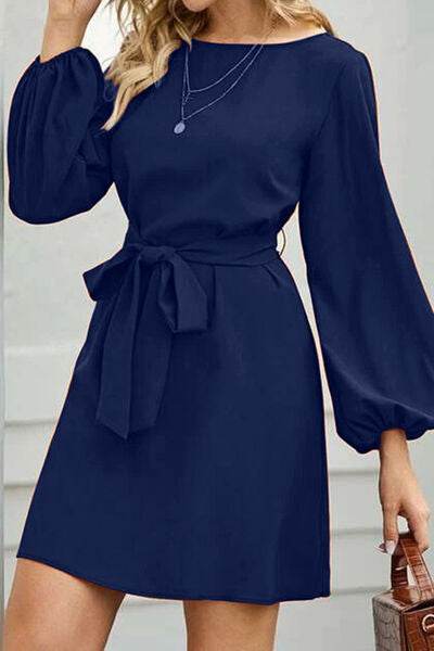 Tied Boat Neck Balloon Sleeve Mini Dress - MARIGOLD