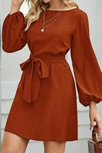 Tied Boat Neck Balloon Sleeve Mini Dress - MARIGOLD