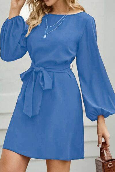 Tied Boat Neck Balloon Sleeve Mini Dress - MARIGOLD