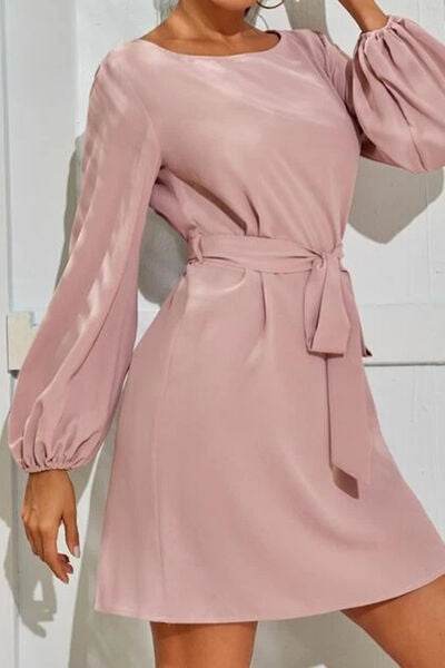 Tied Boat Neck Balloon Sleeve Mini Dress - MARIGOLD