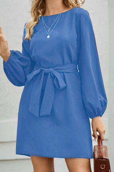 Tied Boat Neck Balloon Sleeve Mini Dress - MARIGOLD