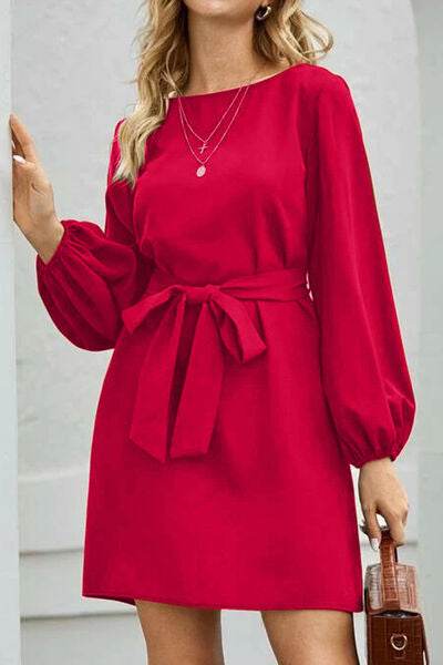 Tied Boat Neck Balloon Sleeve Mini Dress - MARIGOLD