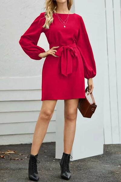 Tied Boat Neck Balloon Sleeve Mini Dress - MARIGOLD