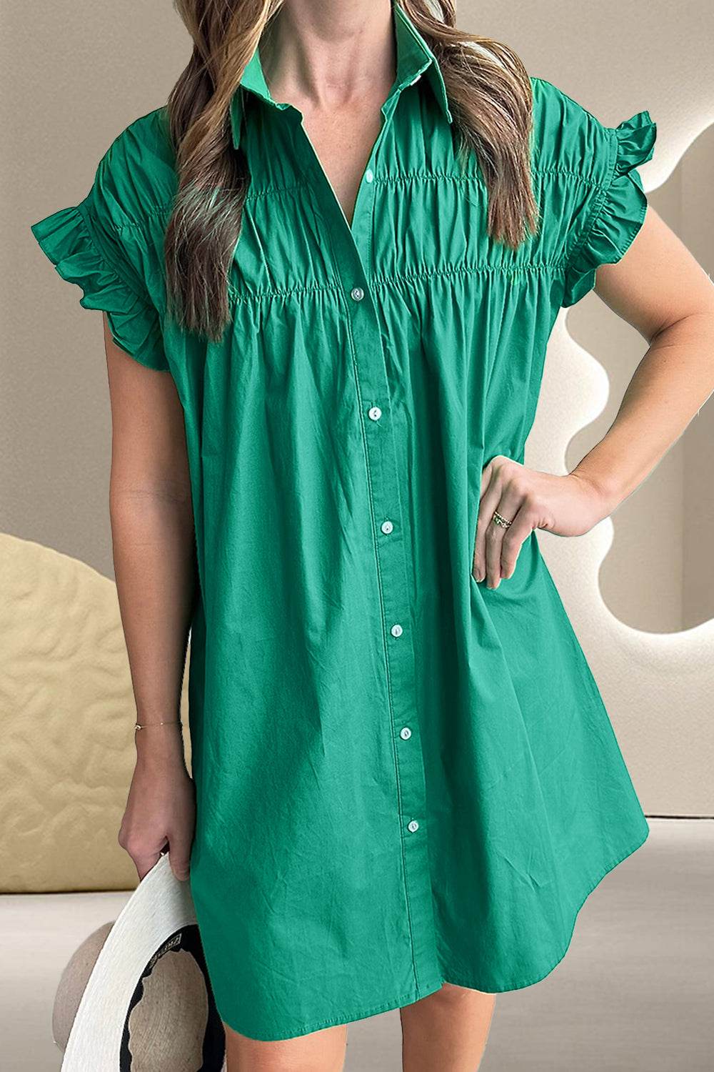 Collared Neck Flounce Sleeve Dress - MARIGOLD