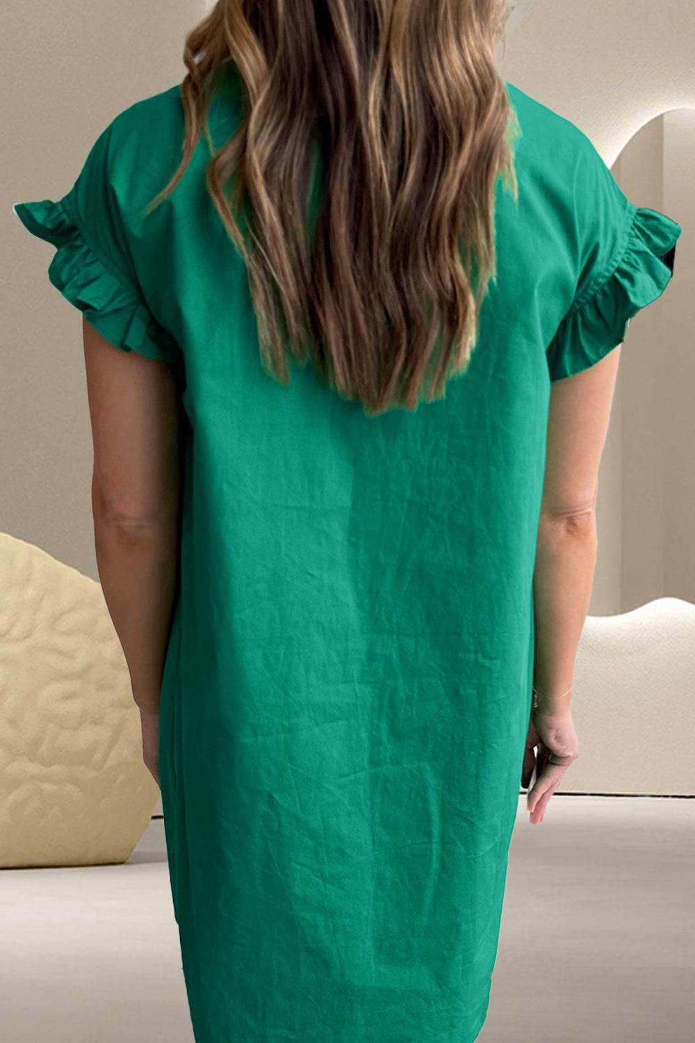 Collared Neck Flounce Sleeve Dress - MARIGOLD