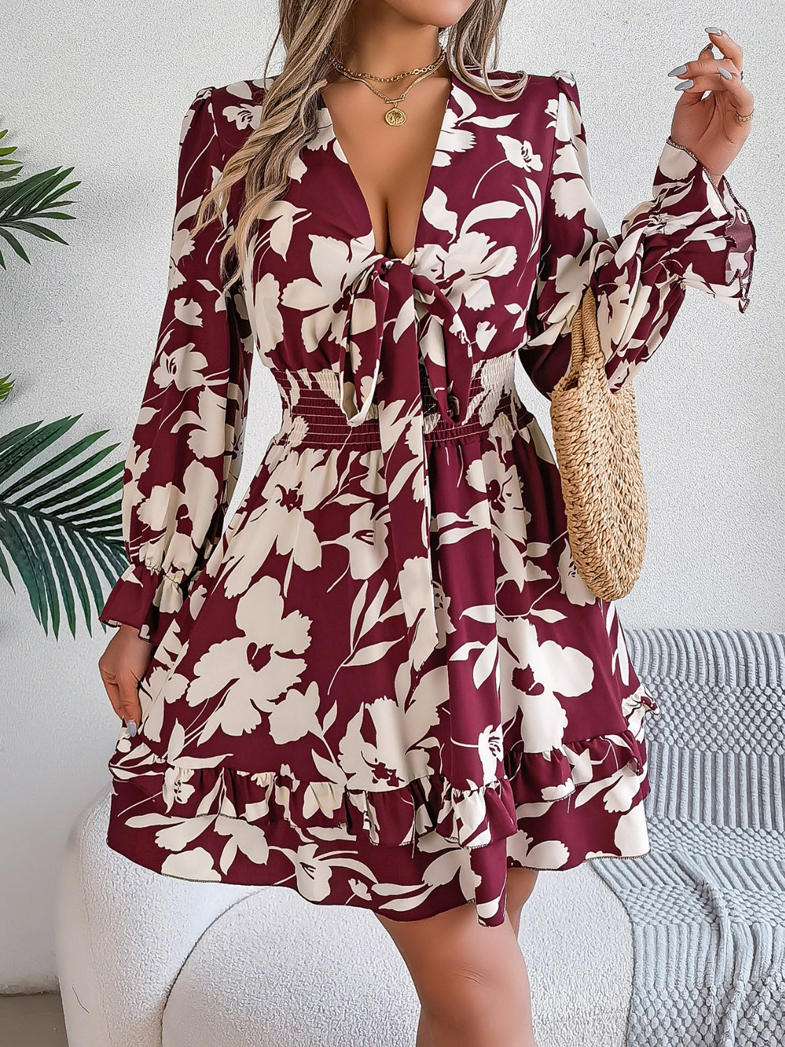 Floral Printed Tied Front Ruffle Hem Long Sleeve Dress - MARIGOLD