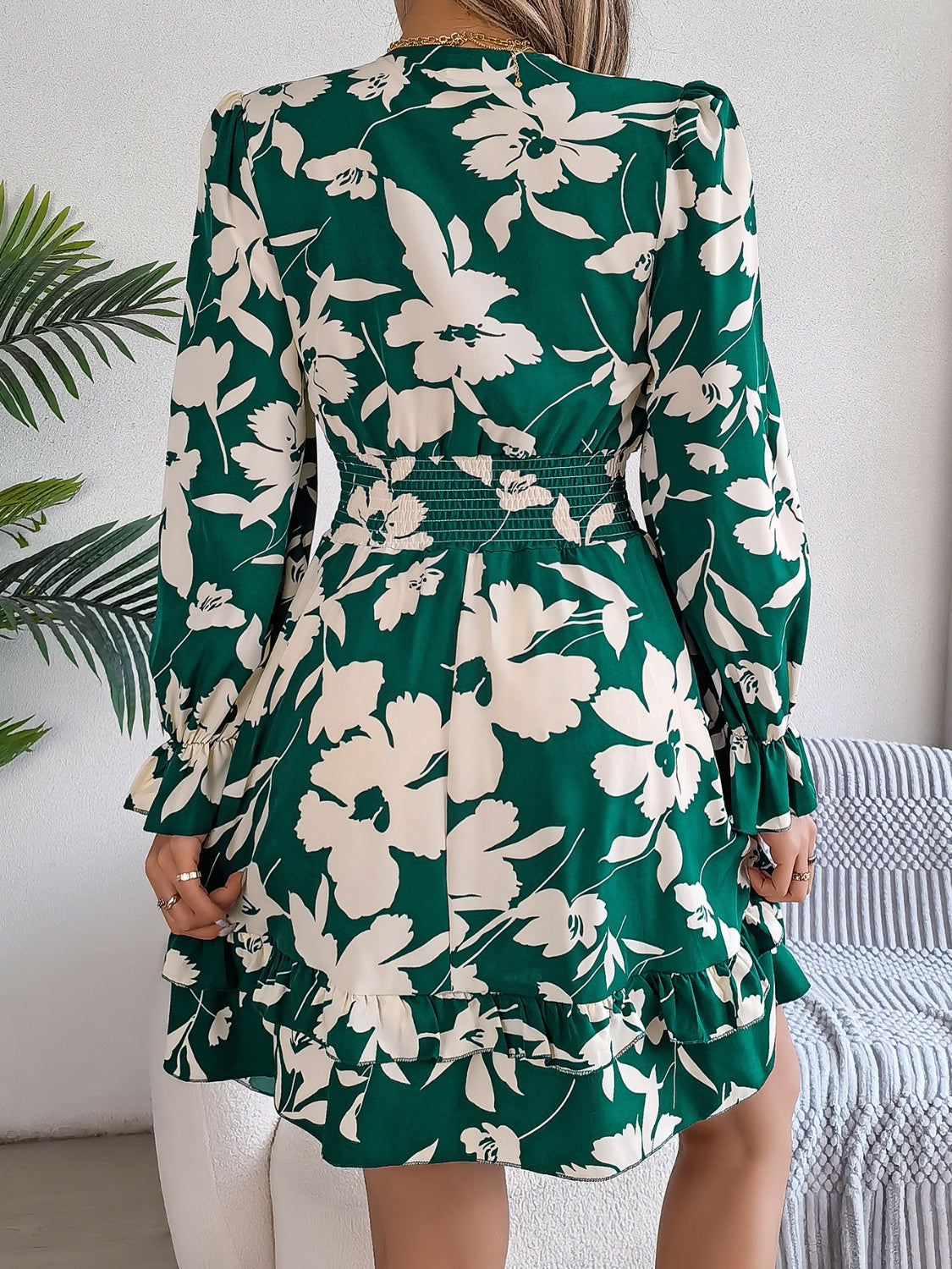 Floral Printed Tied Front Ruffle Hem Long Sleeve Dress - MARIGOLD