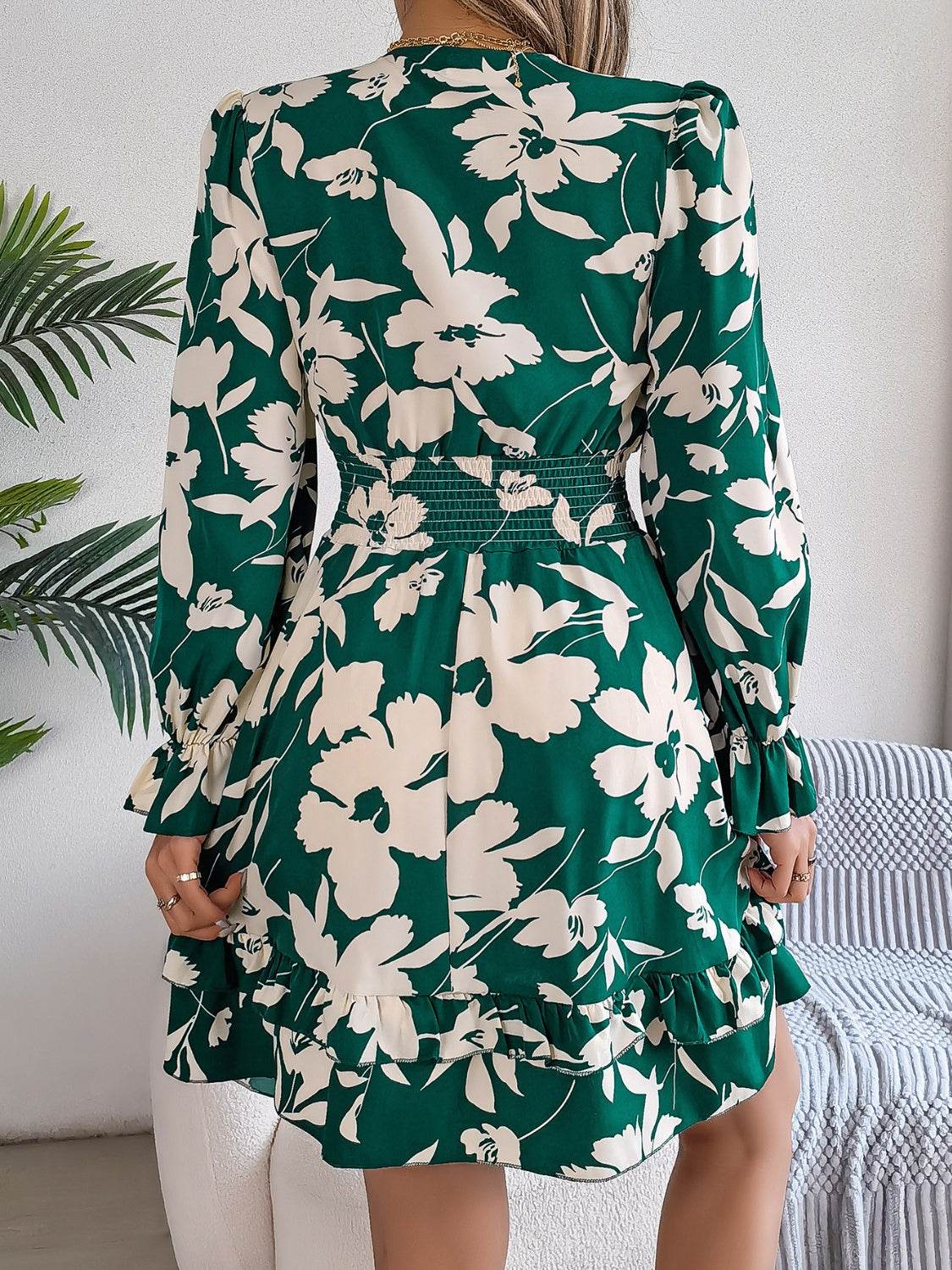 Floral Printed Tied Front Ruffle Hem Long Sleeve Dress - MARIGOLD