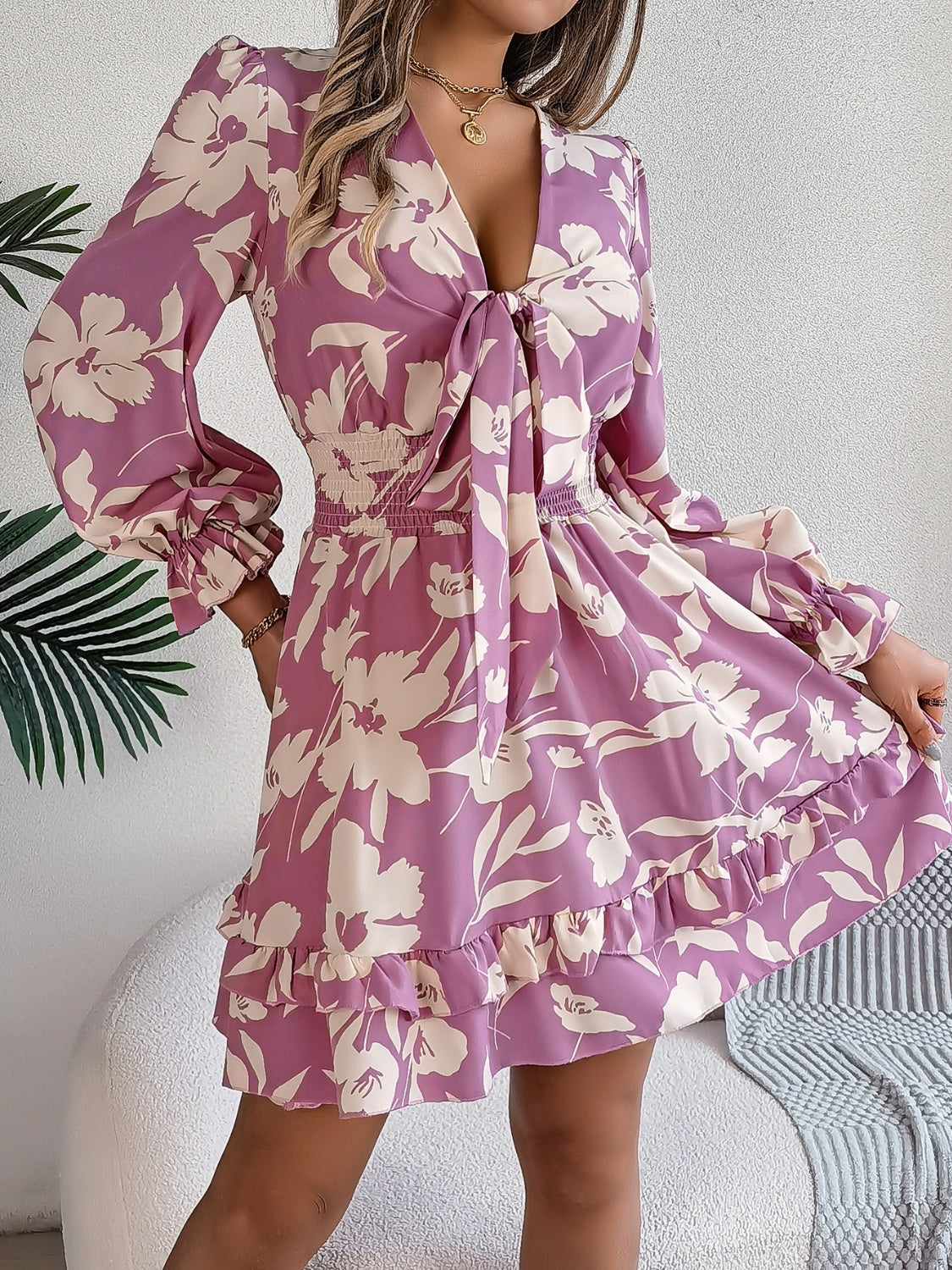 Floral Printed Tied Front Ruffle Hem Long Sleeve Dress - MARIGOLD