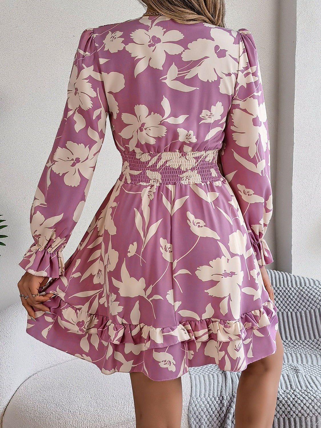 Floral Printed Tied Front Ruffle Hem Long Sleeve Dress - MARIGOLD