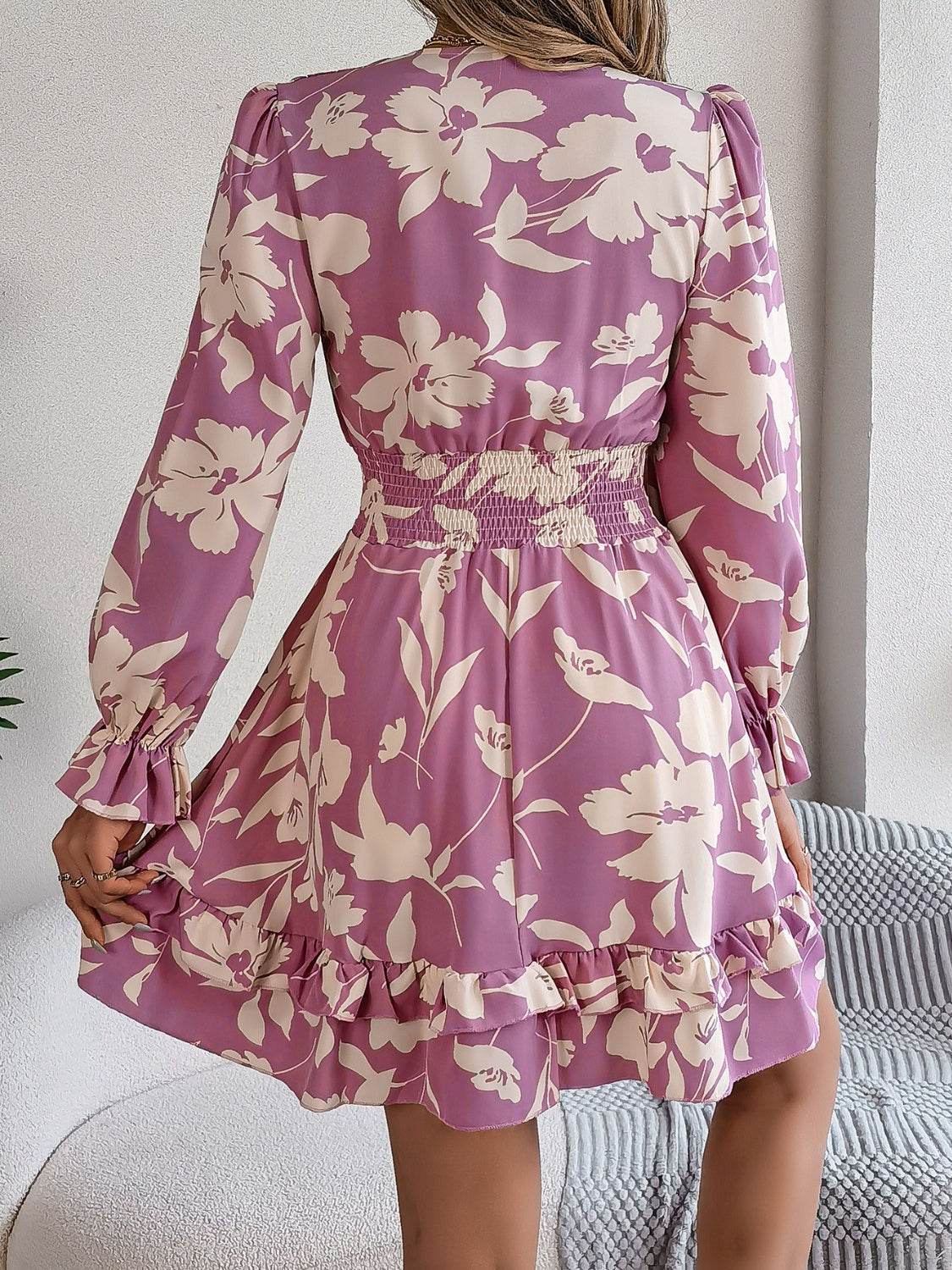 Floral Printed Tied Front Ruffle Hem Long Sleeve Dress - MARIGOLD