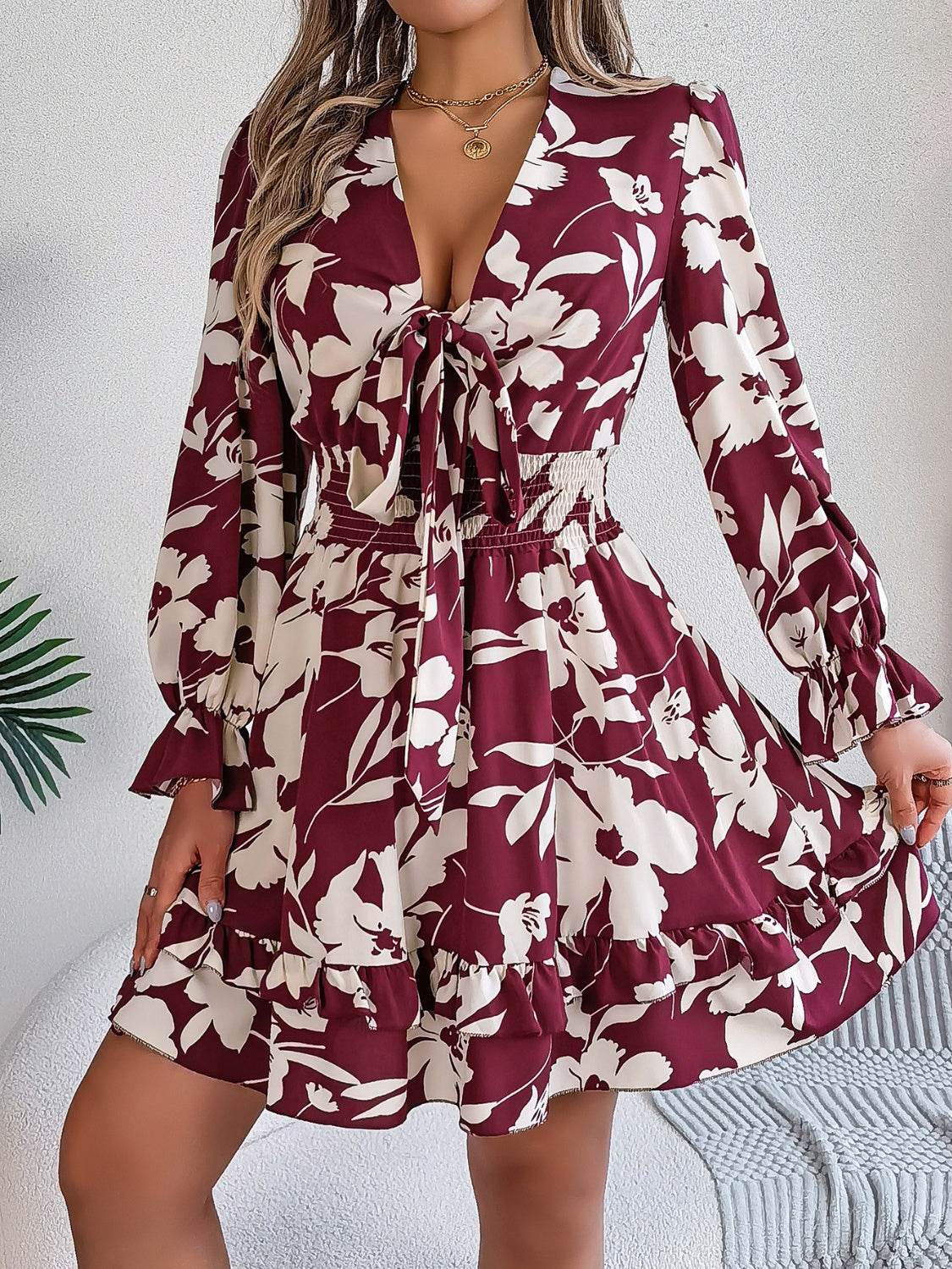 Floral Printed Tied Front Ruffle Hem Long Sleeve Dress - MARIGOLD