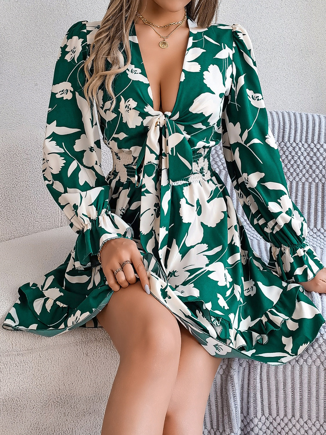 Floral Printed Tied Front Ruffle Hem Long Sleeve Dress - MARIGOLD
