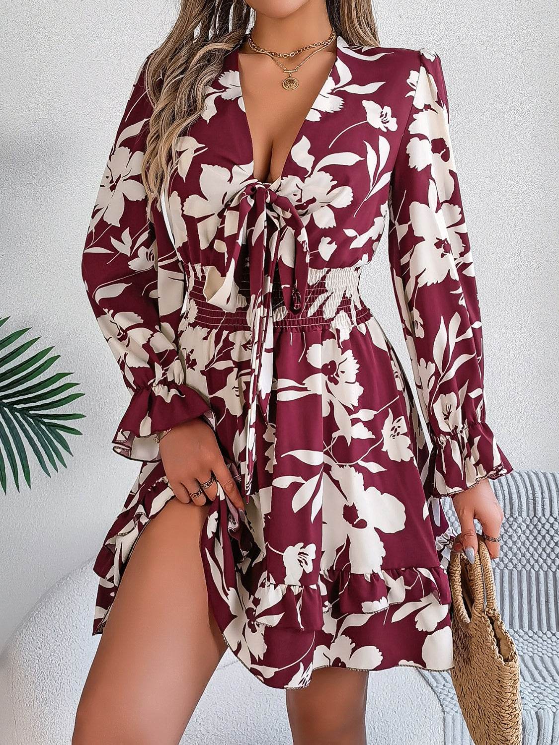 Floral Printed Tied Front Ruffle Hem Long Sleeve Dress - MARIGOLD