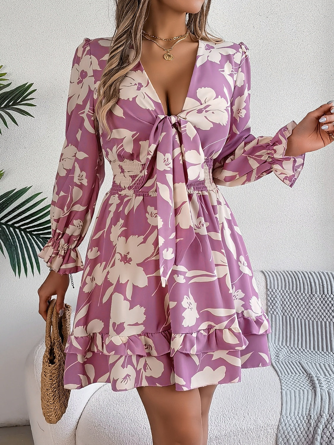 Floral Printed Tied Front Ruffle Hem Long Sleeve Dress - MARIGOLD
