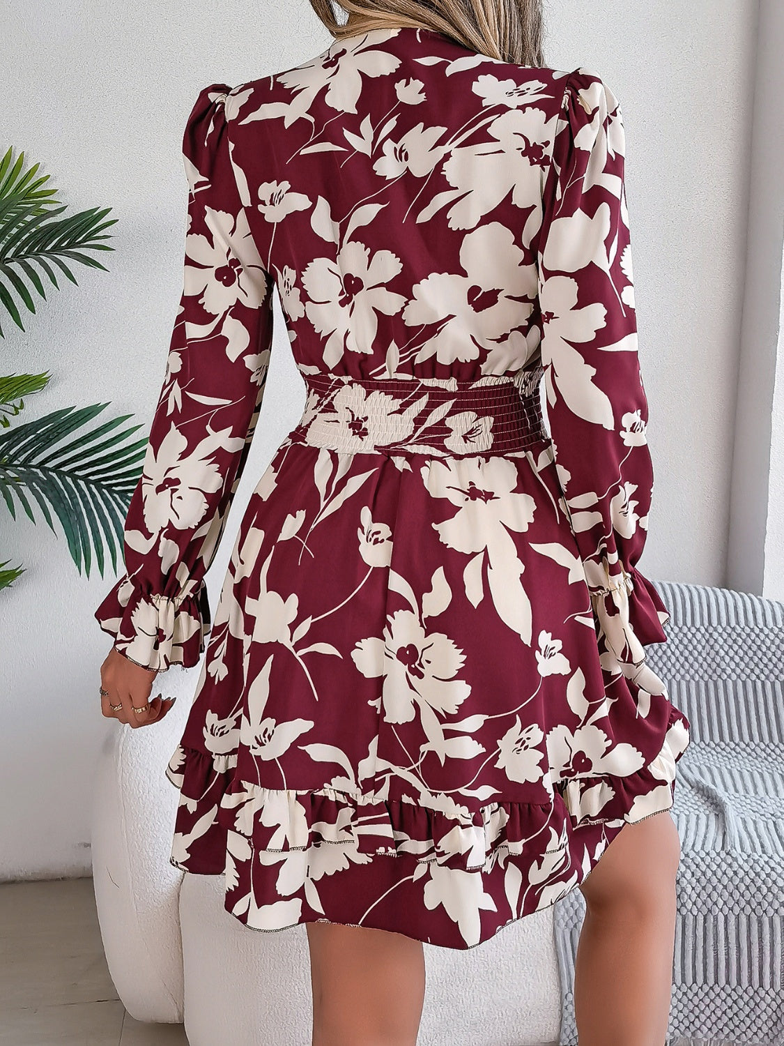 Floral Printed Tied Front Ruffle Hem Long Sleeve Dress - MARIGOLD