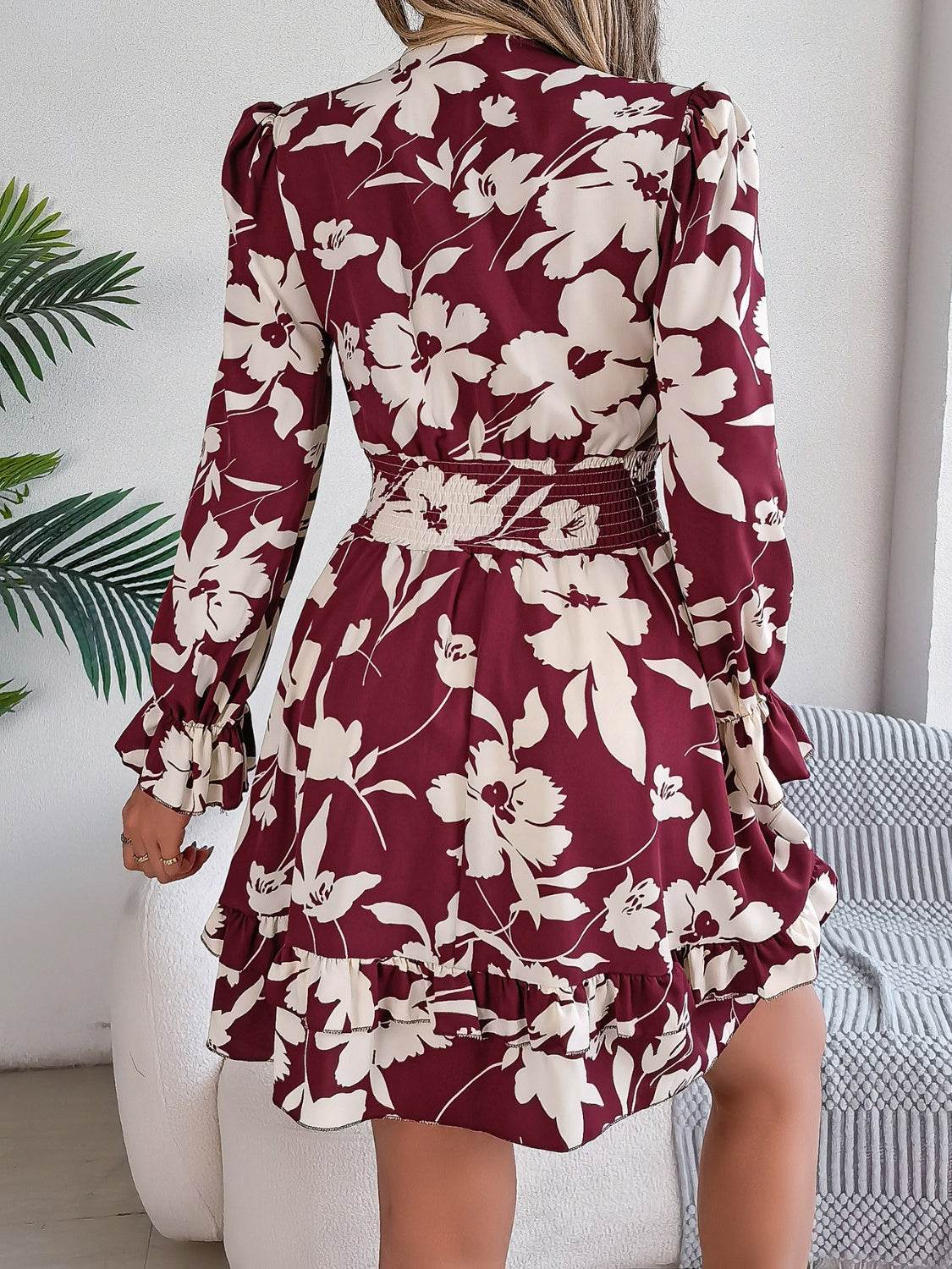 Floral Printed Tied Front Ruffle Hem Long Sleeve Dress - MARIGOLD