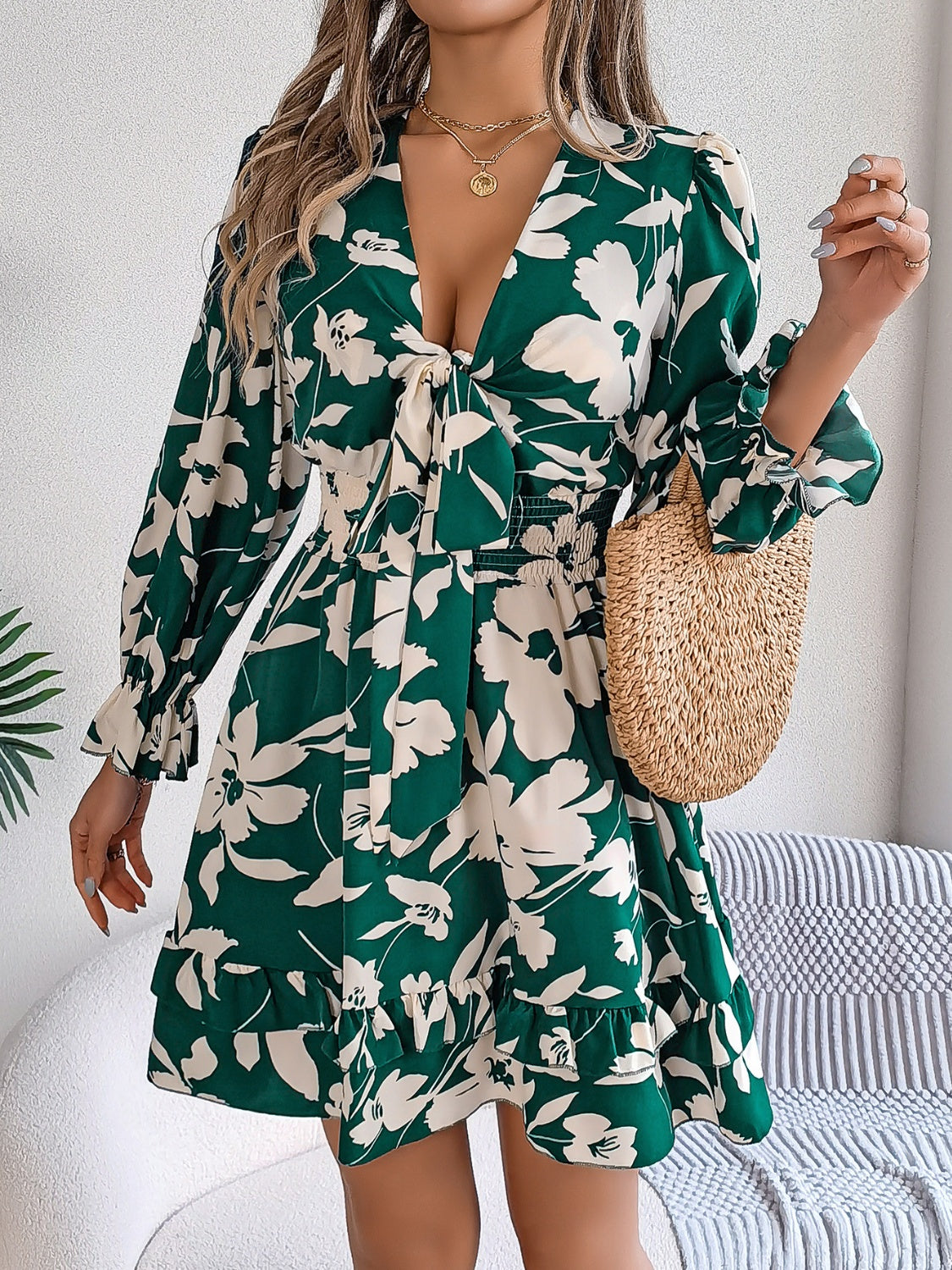 Floral Printed Tied Front Ruffle Hem Long Sleeve Dress - MARIGOLD