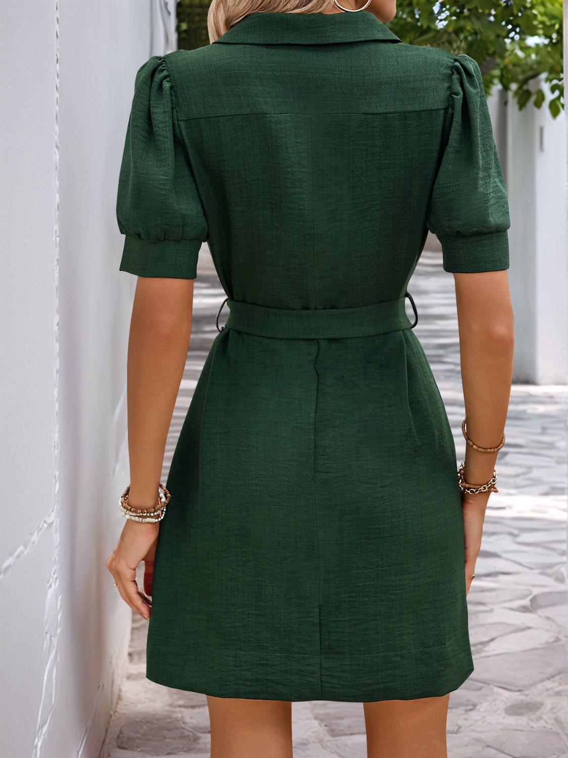 Tie Waist Button Down Short Sleeve Mini Dress - MARIGOLD