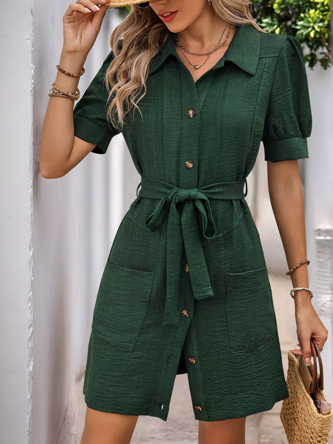 Tie Waist Button Down Short Sleeve Mini Dress - MARIGOLD