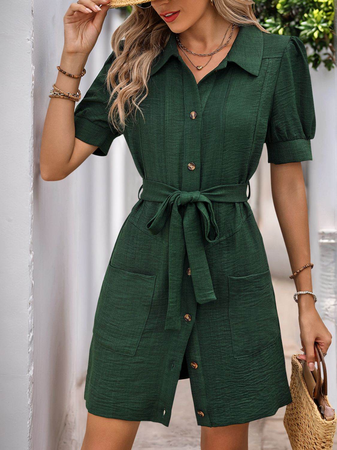 Tie Waist Button Down Short Sleeve Mini Dress - MARIGOLD