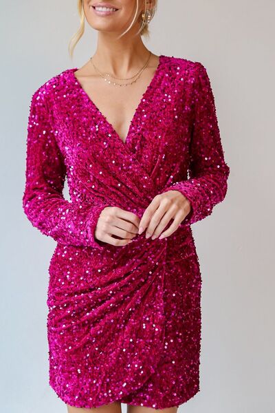Sequin Surplice Long Sleeve Mini Dress - MARIGOLD
