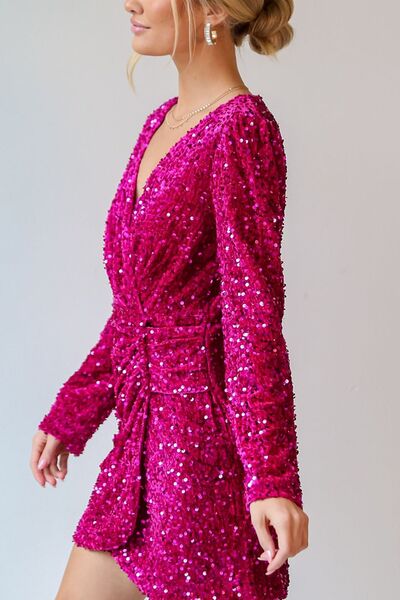 Sequin Surplice Long Sleeve Mini Dress - MARIGOLD