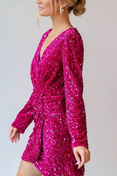 Sequin Surplice Long Sleeve Mini Dress - MARIGOLD