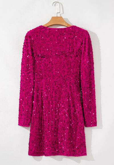 Sequin Surplice Long Sleeve Mini Dress - MARIGOLD