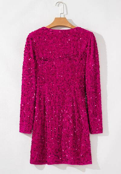 Sequin Surplice Long Sleeve Mini Dress - MARIGOLD