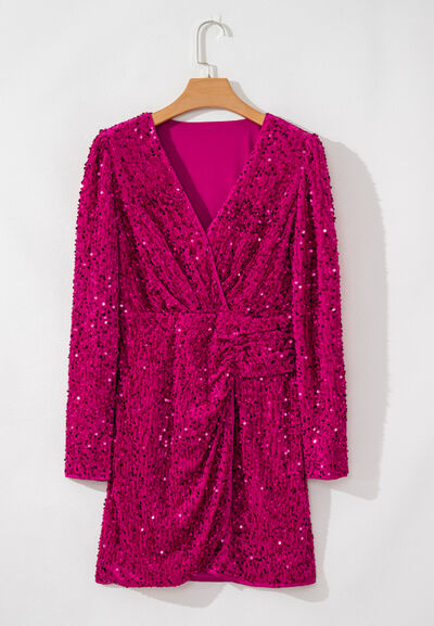 Sequin Surplice Long Sleeve Mini Dress - MARIGOLD