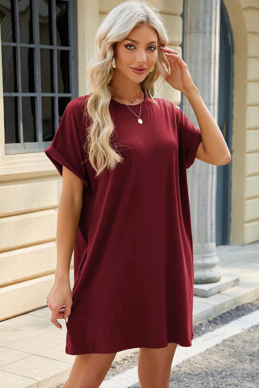 Short Sleeve Mini Tee Dress with Pockets - MARIGOLD