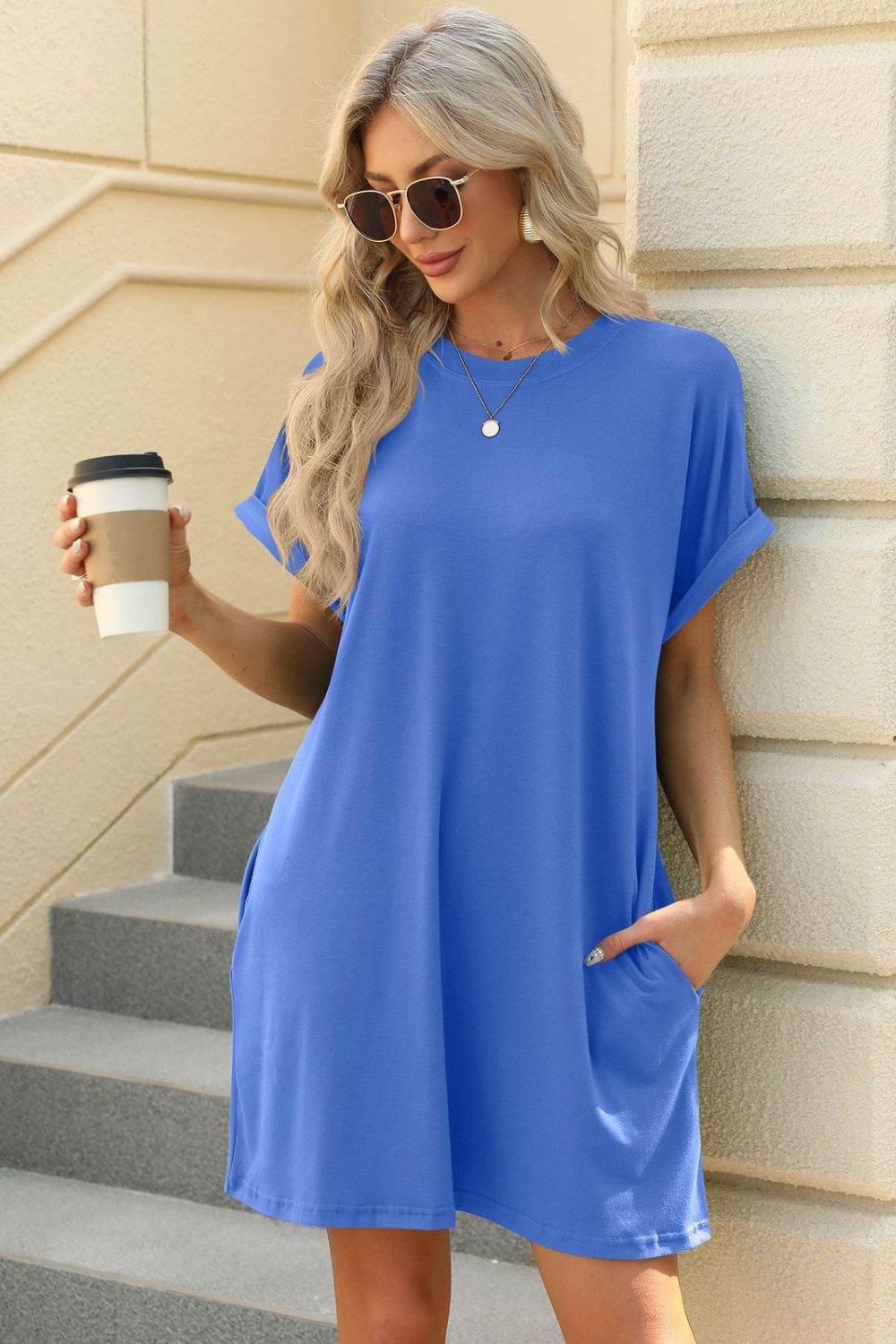 Short Sleeve Mini Tee Dress with Pockets - MARIGOLD