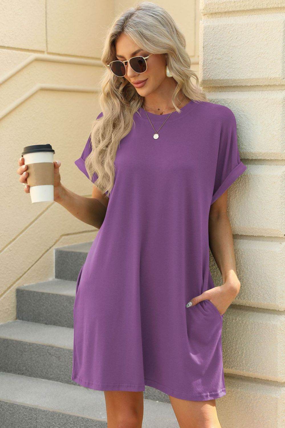 Short Sleeve Mini Tee Dress with Pockets - MARIGOLD