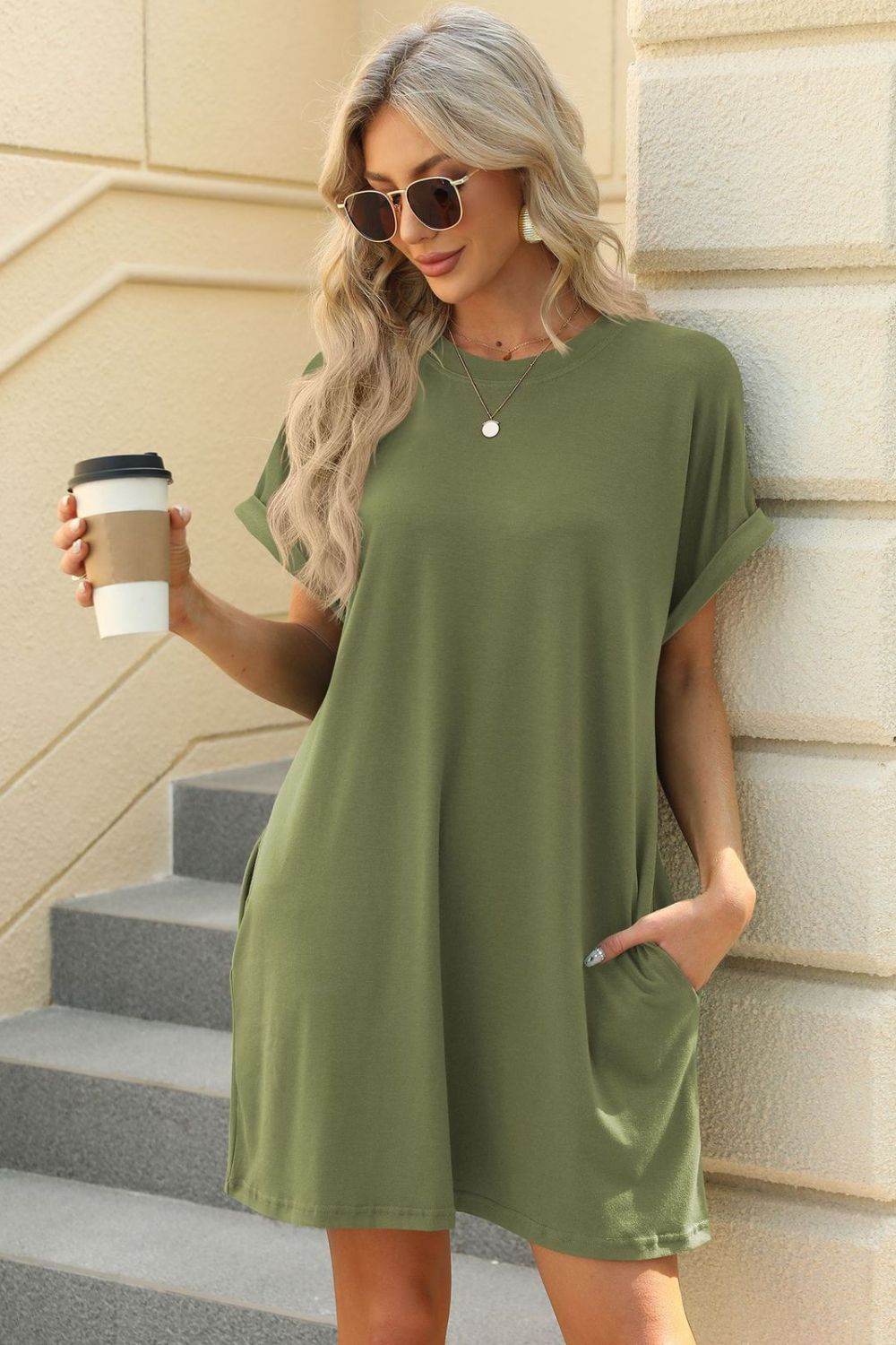 Short Sleeve Mini Tee Dress with Pockets - MARIGOLD