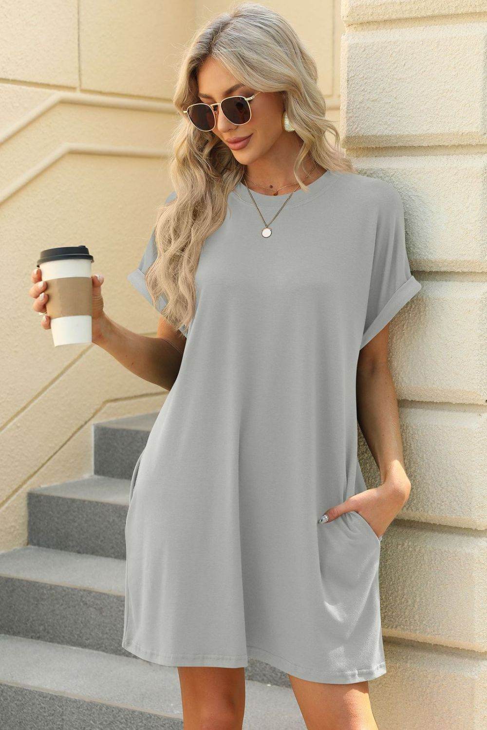 Short Sleeve Mini Tee Dress with Pockets - MARIGOLD