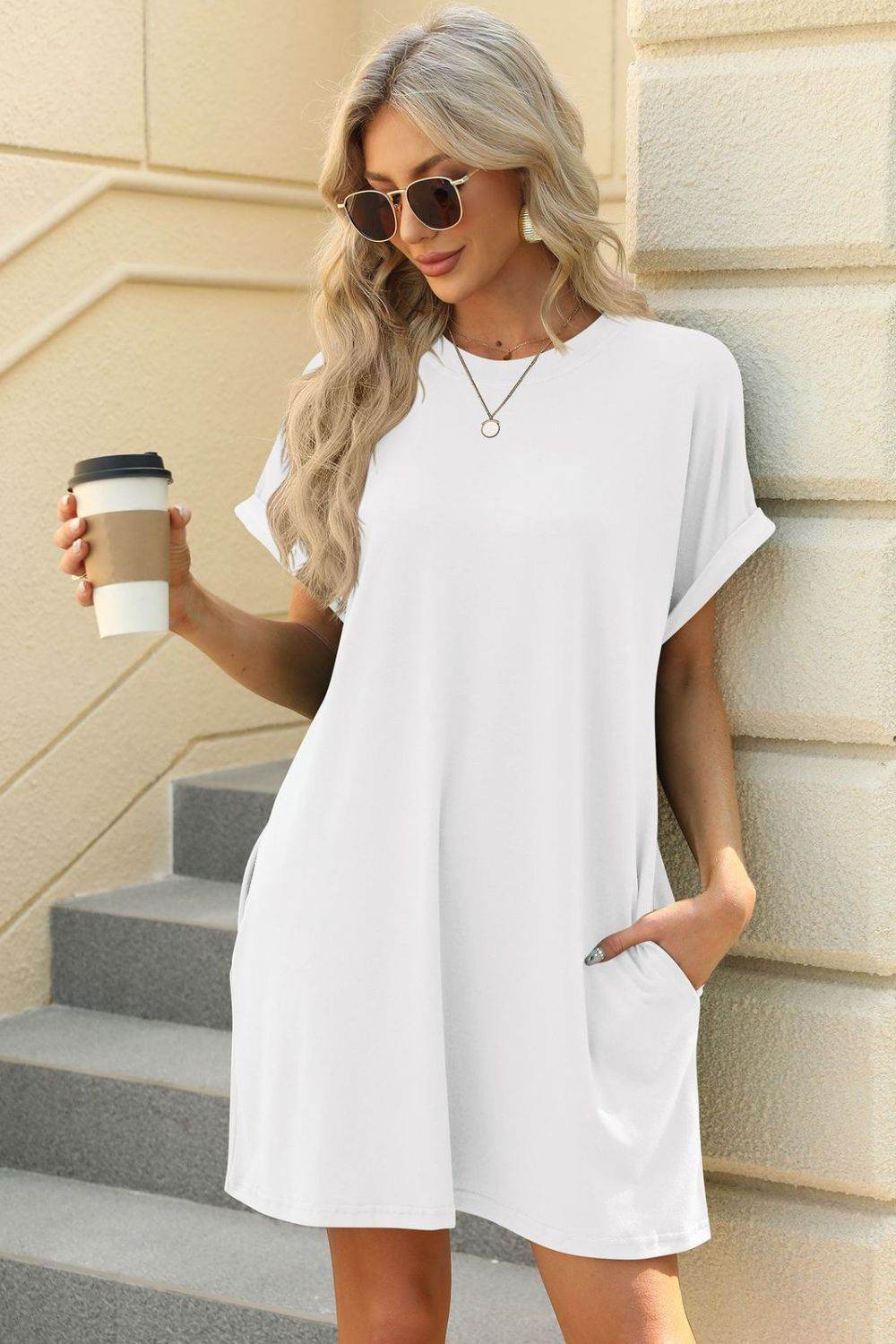 Short Sleeve Mini Tee Dress with Pockets - MARIGOLD