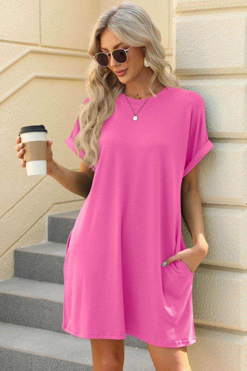 Short Sleeve Mini Tee Dress with Pockets - MARIGOLD