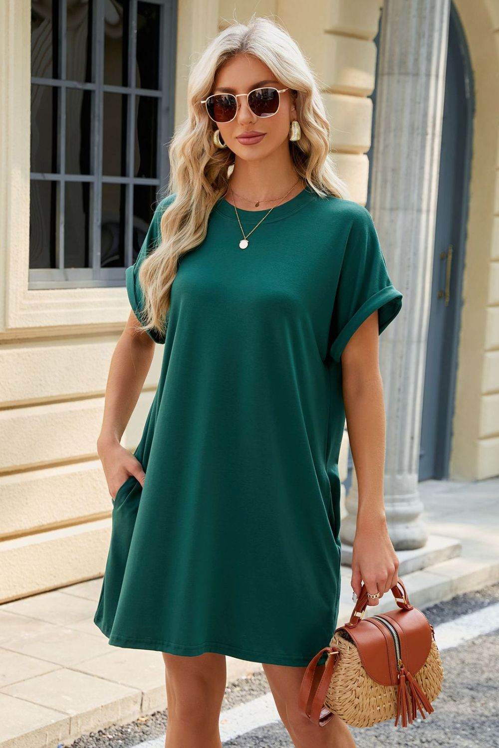 Short Sleeve Mini Tee Dress with Pockets - MARIGOLD